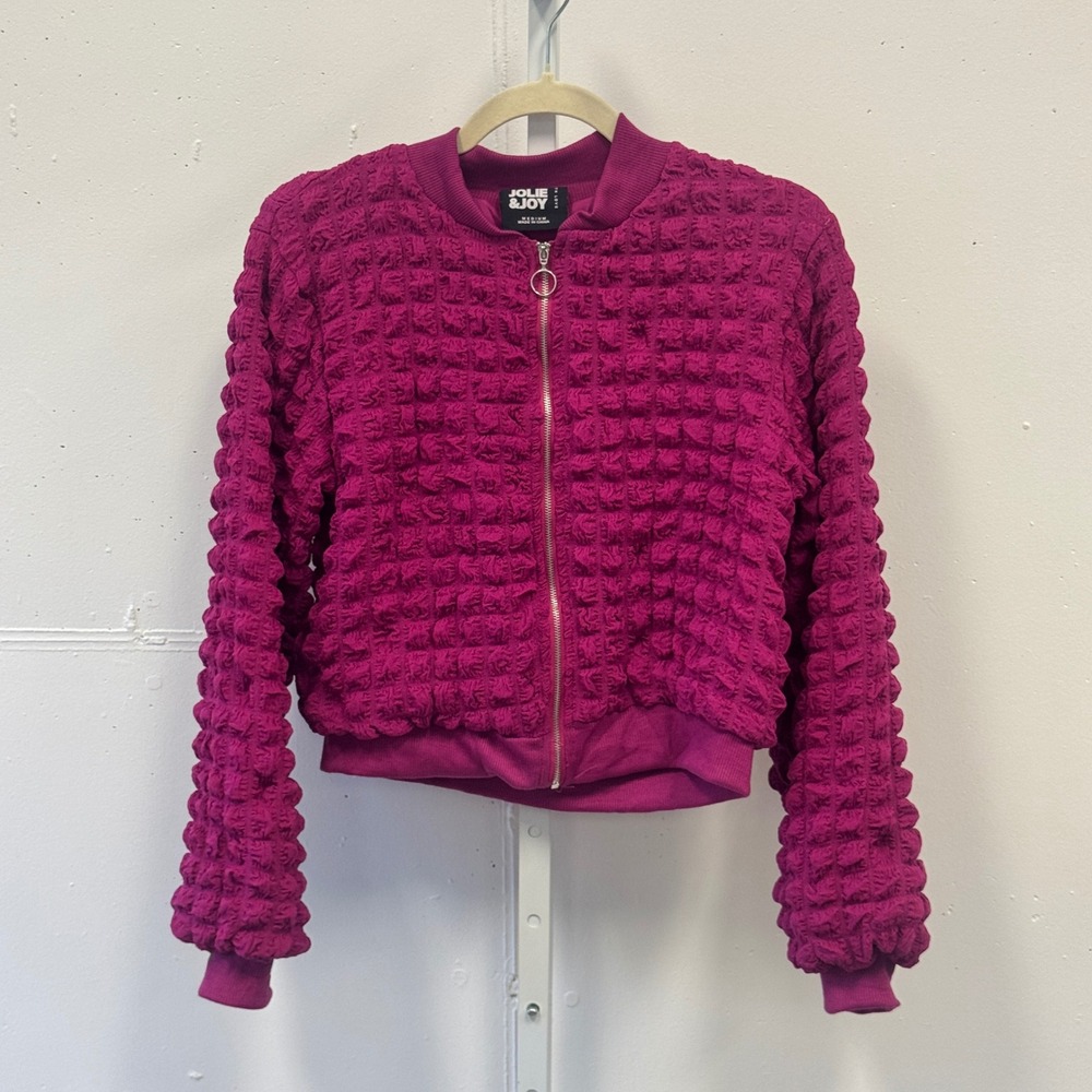 Jolie & Joy Popcorn Texture Cropped Bomber Jacket Magenta Pink Zip Up Medium